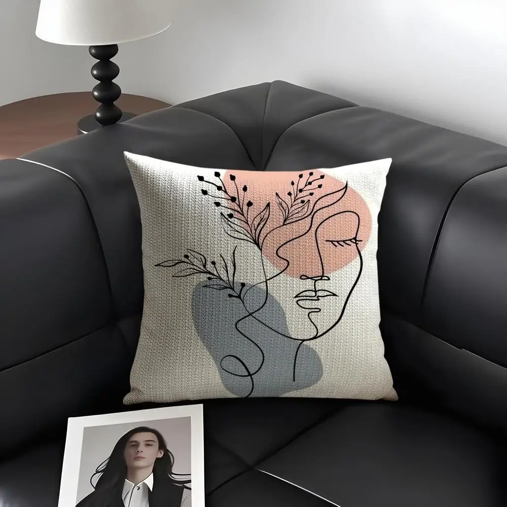 Abstract Face Collection Cushion Cover Natural Linen Organic Fabric Double-Sided Printing Breathable Perfect Gift For Decor