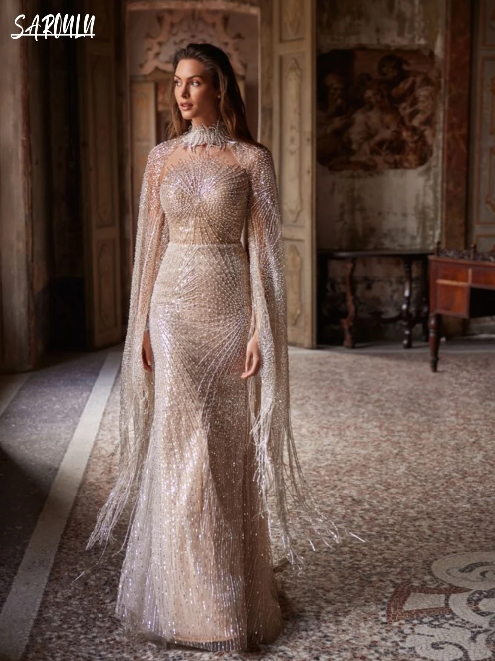 Elegant High Neck Wedding Dress Luxury Pearls Sequins Mermaid Bride Robe Illusion Customized Bridal Dresses Vestidos De Novia