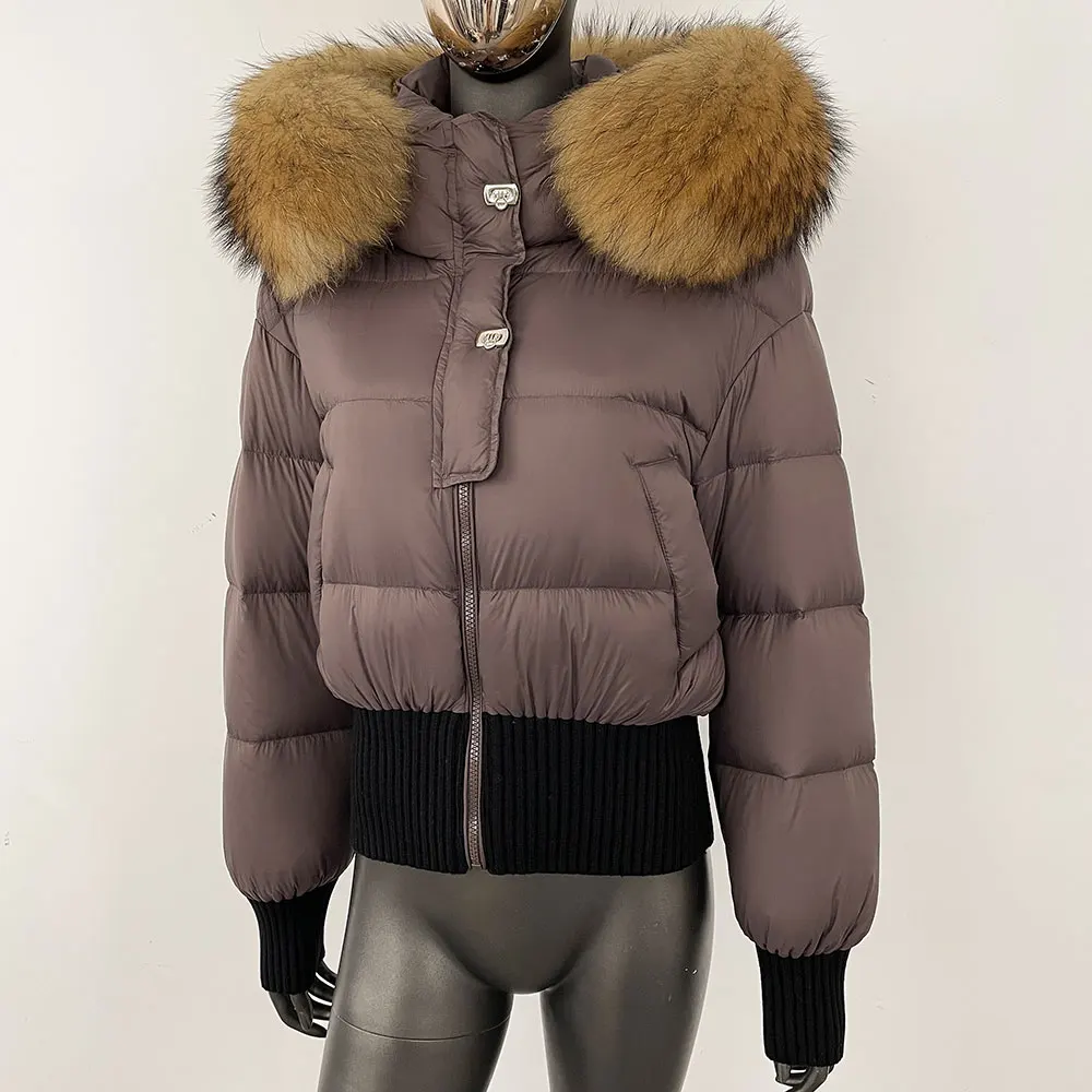 Jaqueta de pele de realidade feminina moda com capuz pato branco para baixo casaco grosso quente casual natural real guaxinim gola de pele de raposa casaco de inverno