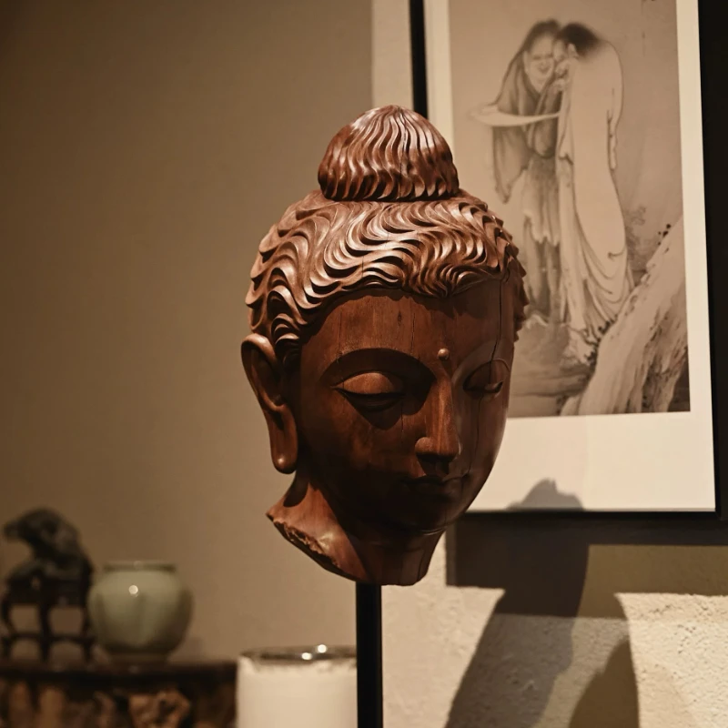 Longan wood antique-style "Gandhara Buddha Head" woodcarving collectible handicrafts and gift ornaments