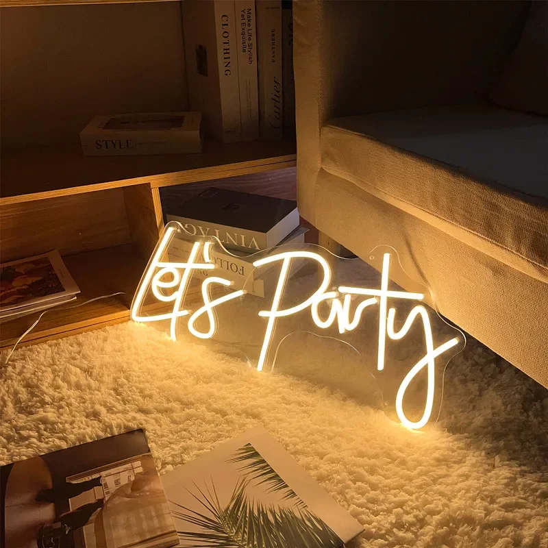 Let's Party Neon Signs LED Night Light 3D Wall Art & Game Room Bedroom Living Room Decor Party Aesthetic Lamp Signs USB