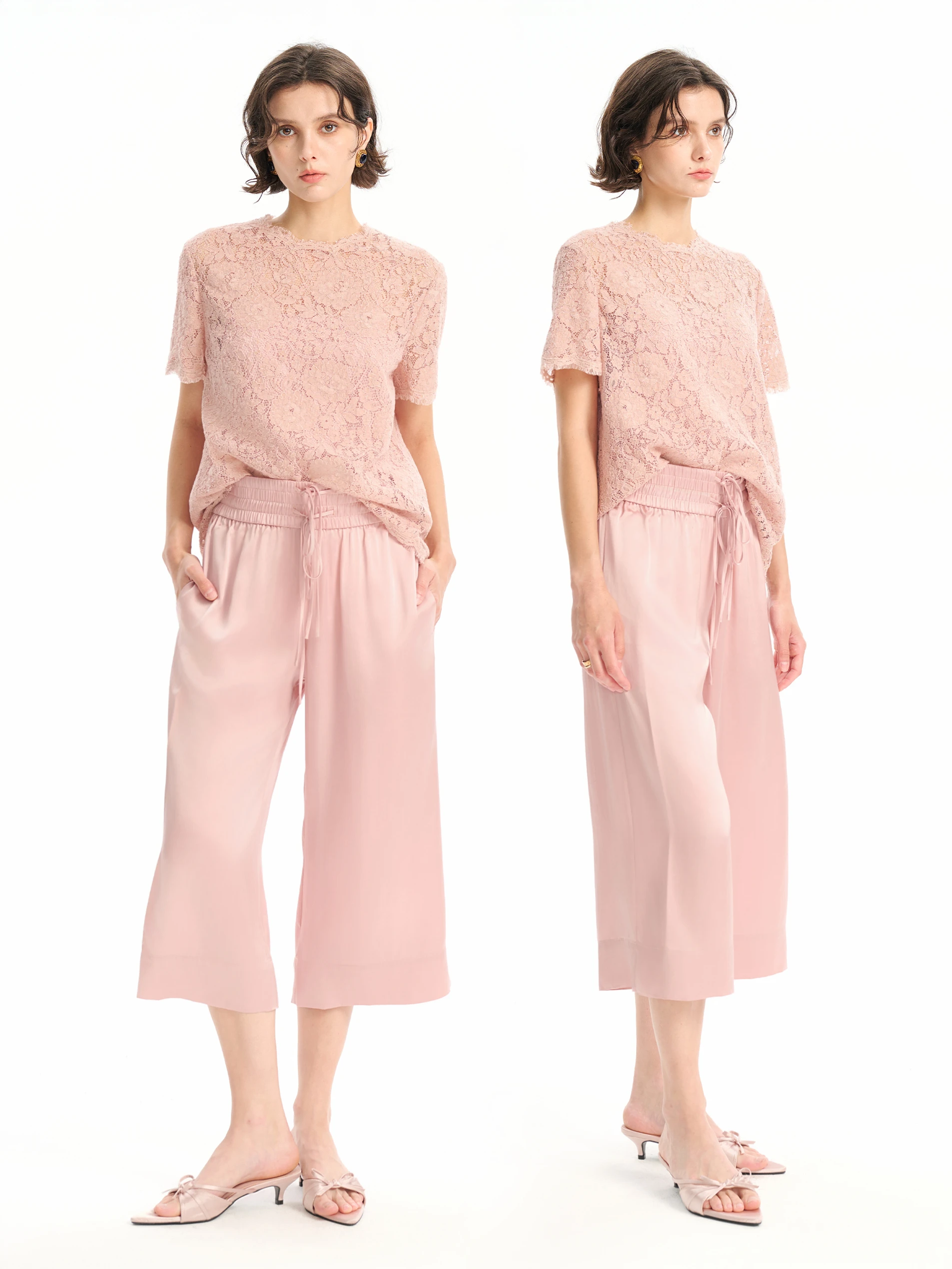 

MAIMAI Lace Ostrich Feather Dr round Ne Lace T-irt Satin Wide Leg Pants Seven-Quarter Length Princ Sle Spring S...