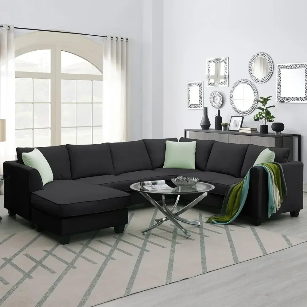 7 Seat Fabric Sectional Sofa Set with Movable Ottoman, L Shape Sectional Sofa Corner Couch with 3 Pillows for Living Room