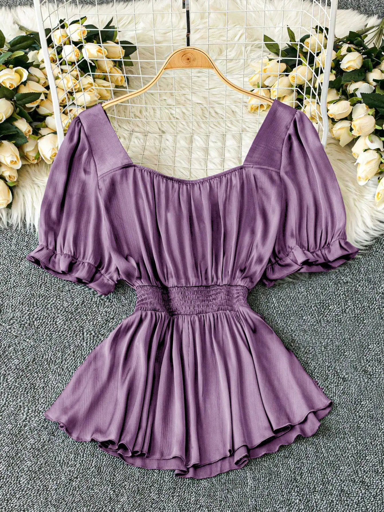 Elegant Purple Pleated Top - A-Line Waist Design with Flared Sleeves for Slimming Effect Plus Size Women's Fashion