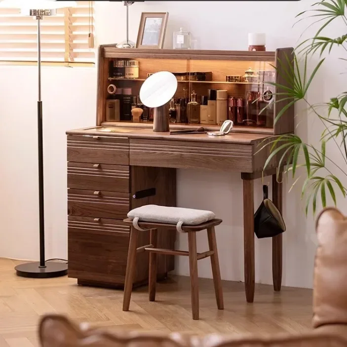 

Small apartment bedroom log cosmetic cabinet Japanese multi-functional solid wood cosmetic table