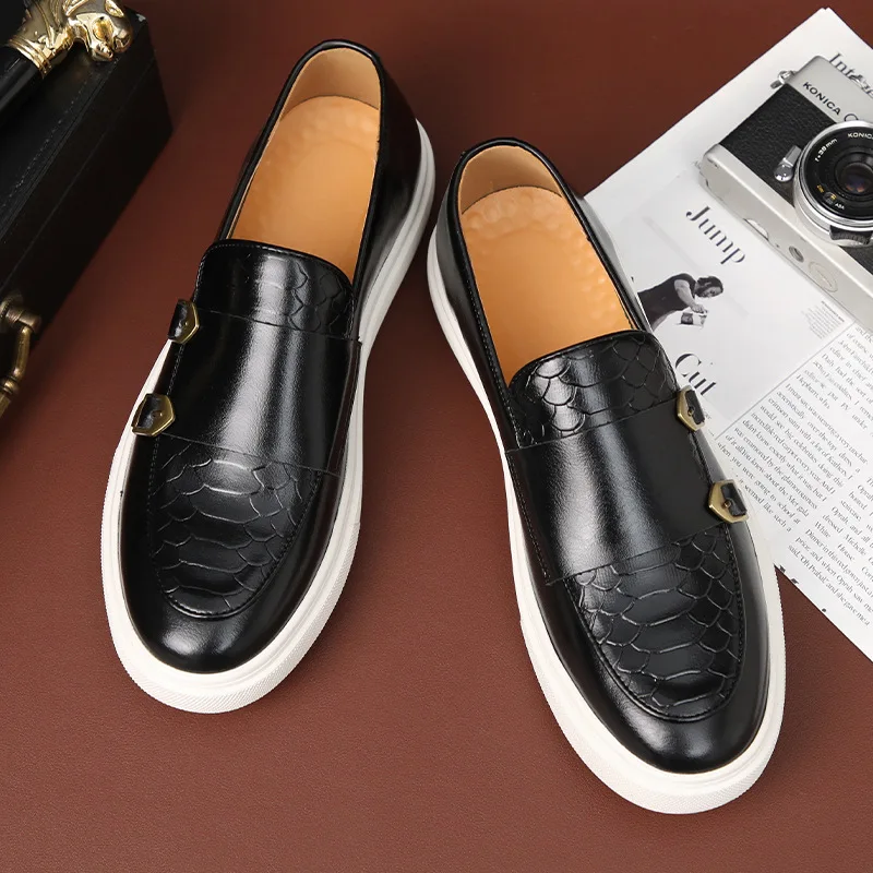 2026 new Men's Casual Shoes Embossed Leather Men Fashion British Style Penny Loafers Mens Slip-on Thick Sole Outdoor Flats