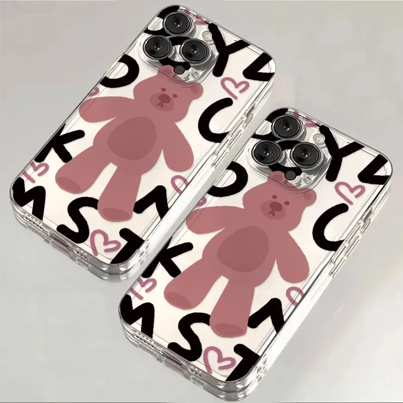 Ins Korean  Lovely Pink Bear Phone Case For iPhone 16 Pro Max 15 14 13 12 11 XR XS Max 7 8 Plus Y2K  Soft Anti fall Phone Case