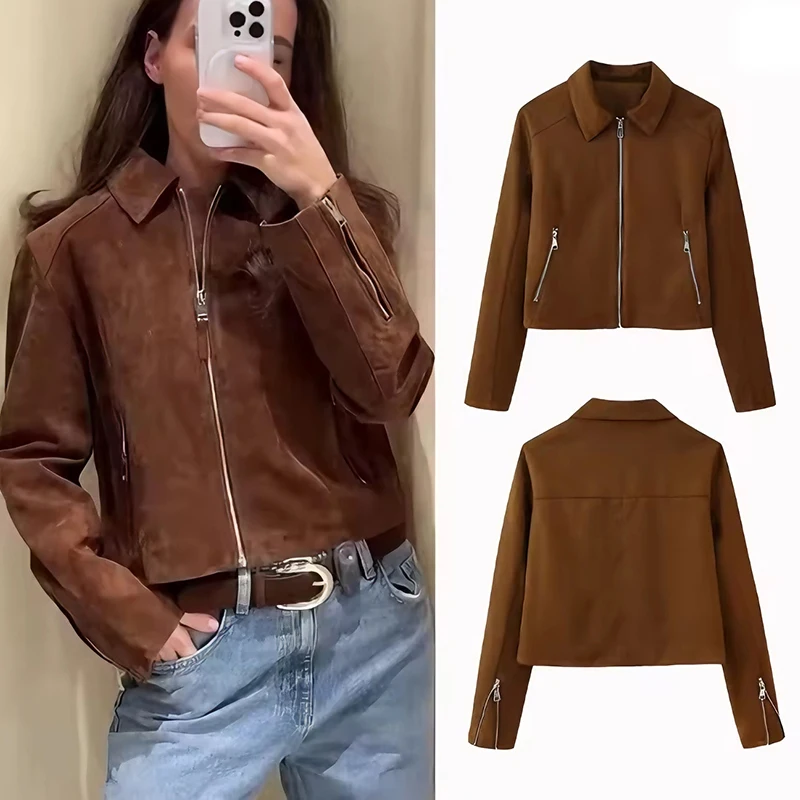 

Women's 2025 Autumn New Vintage Suede Women Short Jacket Lapel Long Sleeve Zippers Female Outwear Elegant Lady Streetwear