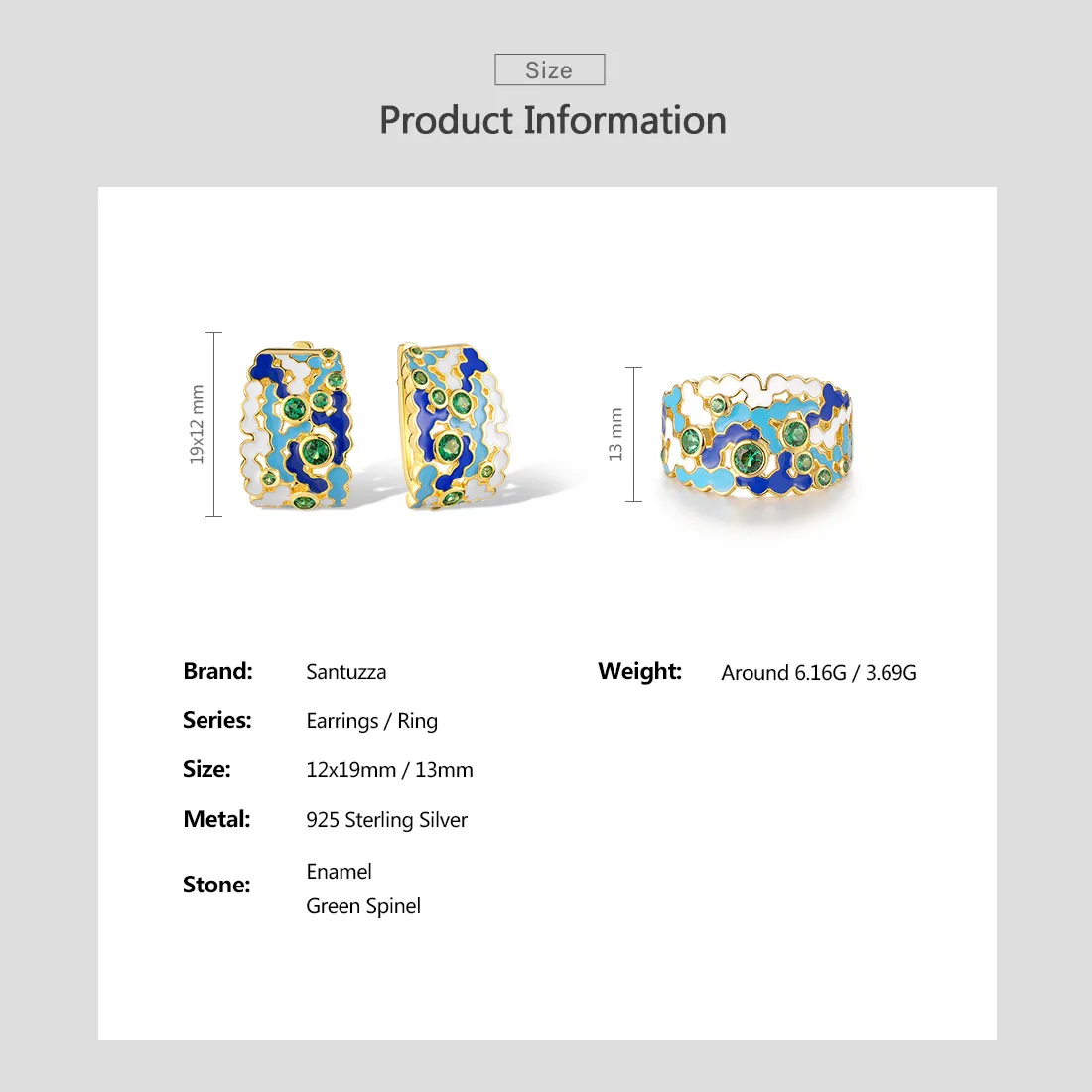SANTUZZA 925 Silver Jewelry Set For Women Sparkling Enamel Color Earrings Ring Abstract Pattern Wedding Engagement Fine Jewelry
