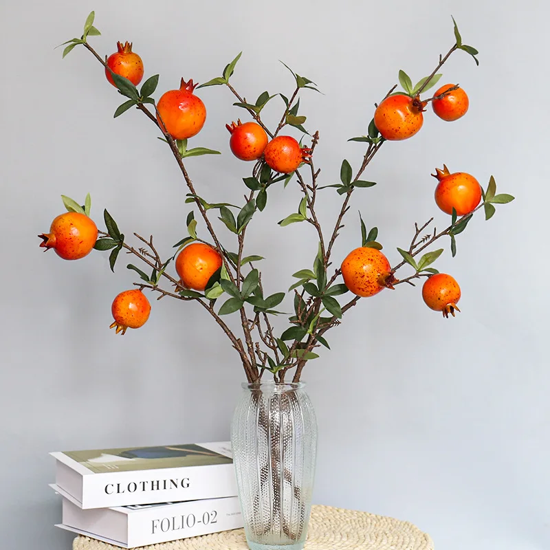 Simulated 6-head Pomegranate and Persimmon Fruit Branches and Fruit Lucky Bucket Decorative Accessories with Leaves