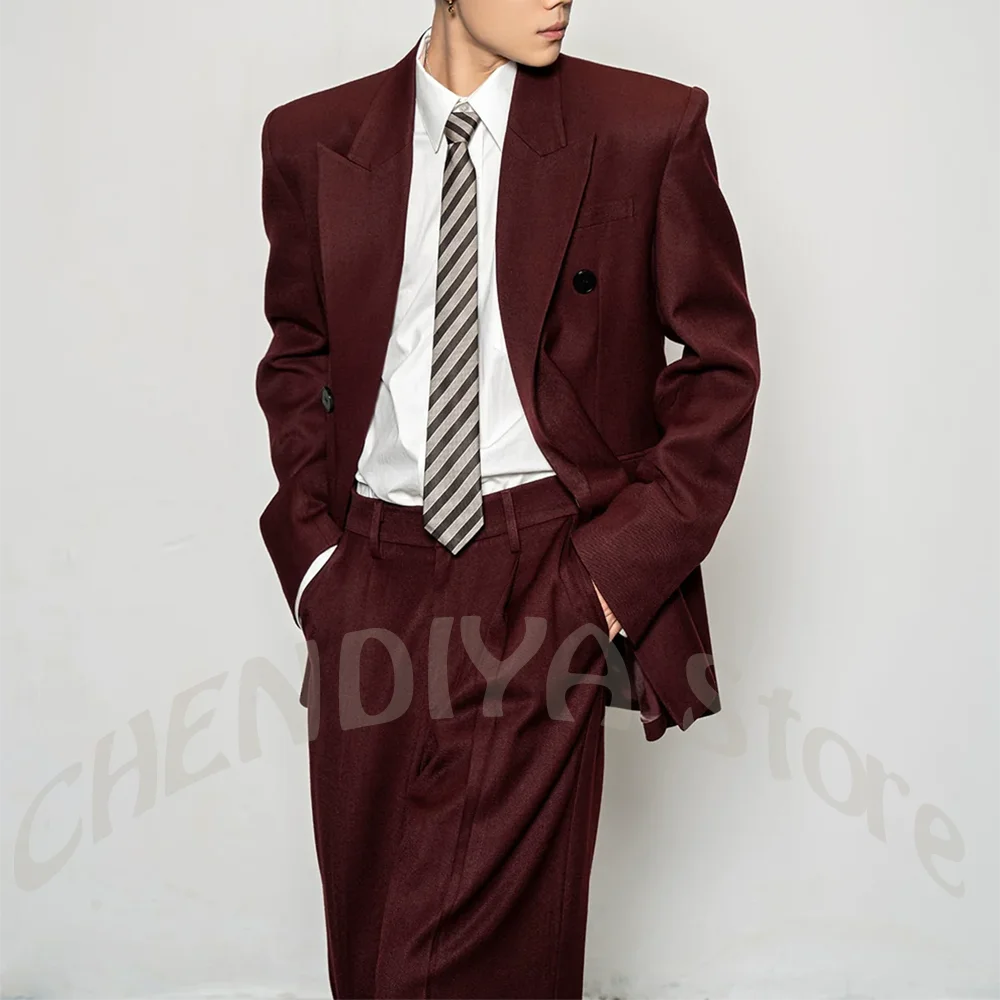 Men Burgundy Double Breasted Suit 2 Piece Set Oversized Loose Wide Leg Pants Solid Blazer Outfit Formal Party Fashion Male Suit