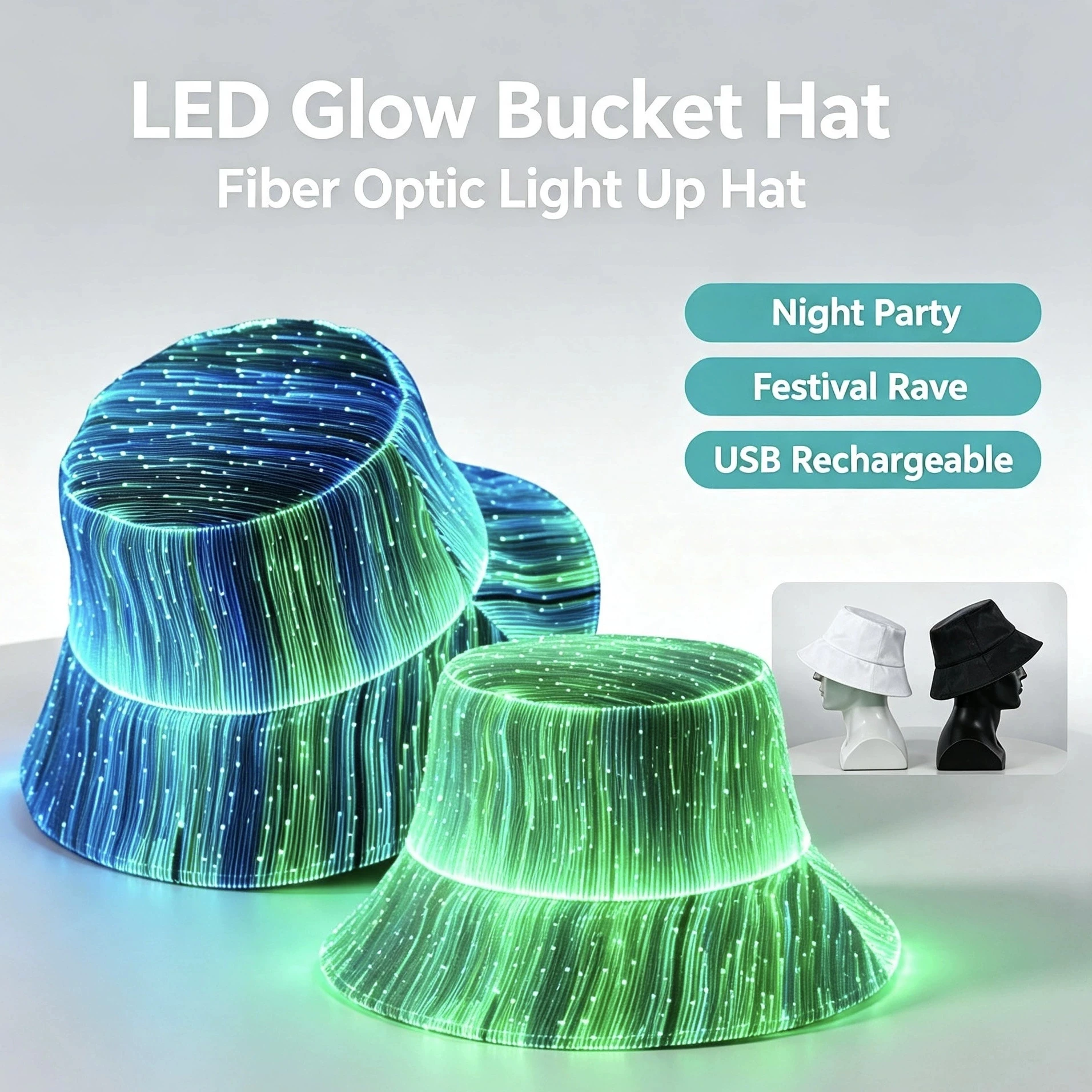 ファッショナブルなledマルチカラー発光帽子-光ファイバーサイバーパンク発光バケットハット