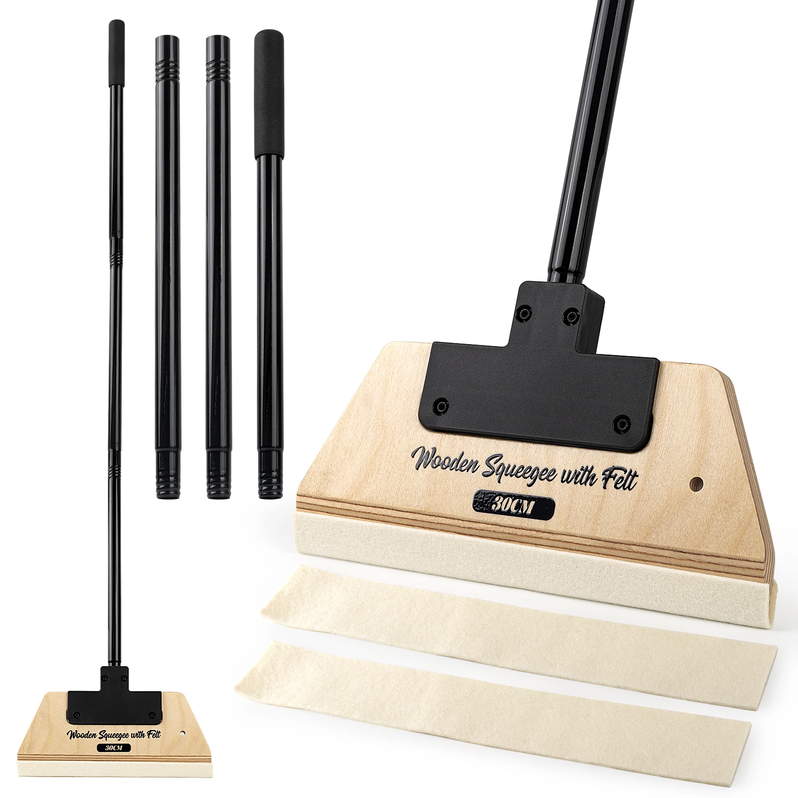EHDIS Wooden Squeegee Removable Extension Pole Handle Vinyl Wrap Smoothing Tool Window Film Wallpaper Install Scraper with Repla