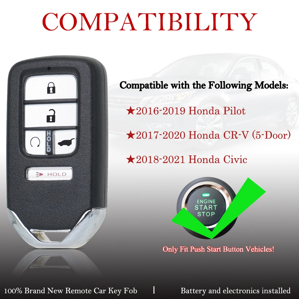 5 Buttons 433MHz 47 CHIP Keyless Go Car Key For Honda Pilot Civic CR-V 2017 2018 2019 2020 2021 2022 72147-TG7-A11 KR5V2X V44