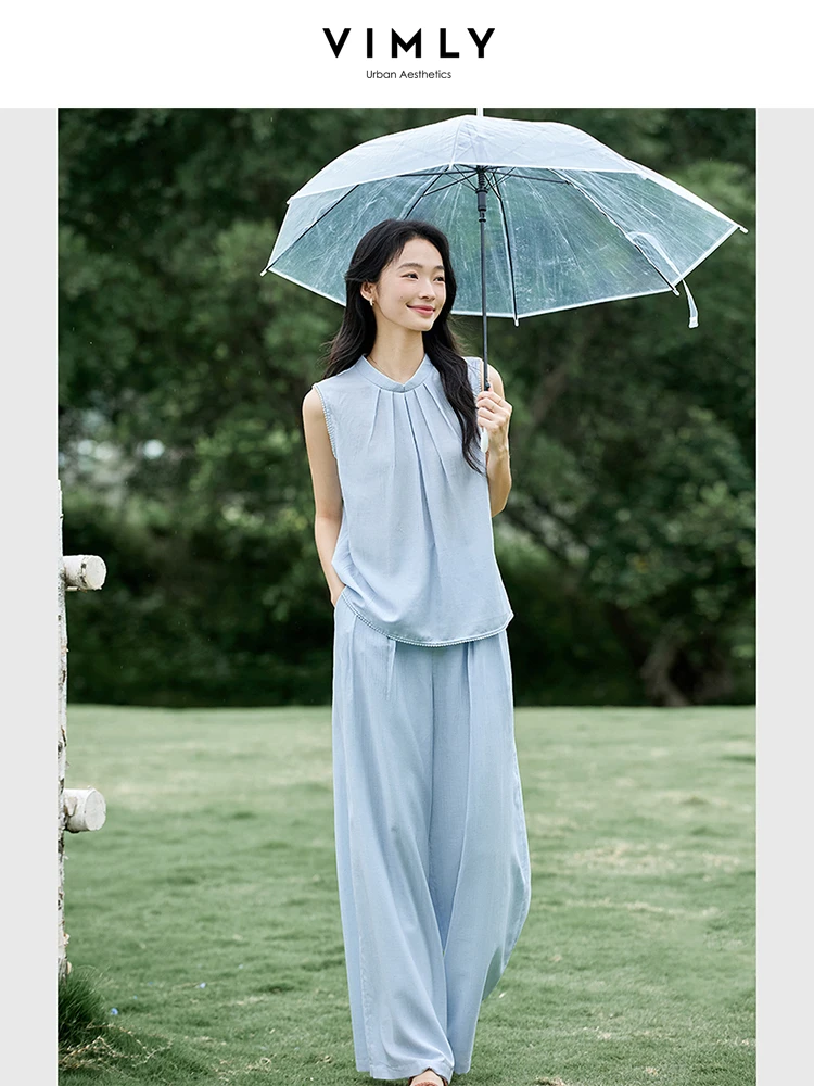 

VIMLY Blue 2 Piece Set Chinese Style Women's Summer 2025 Ladies Draped Lace Cuffs Sleeveless Top Long Trouser Woman Sets A1933