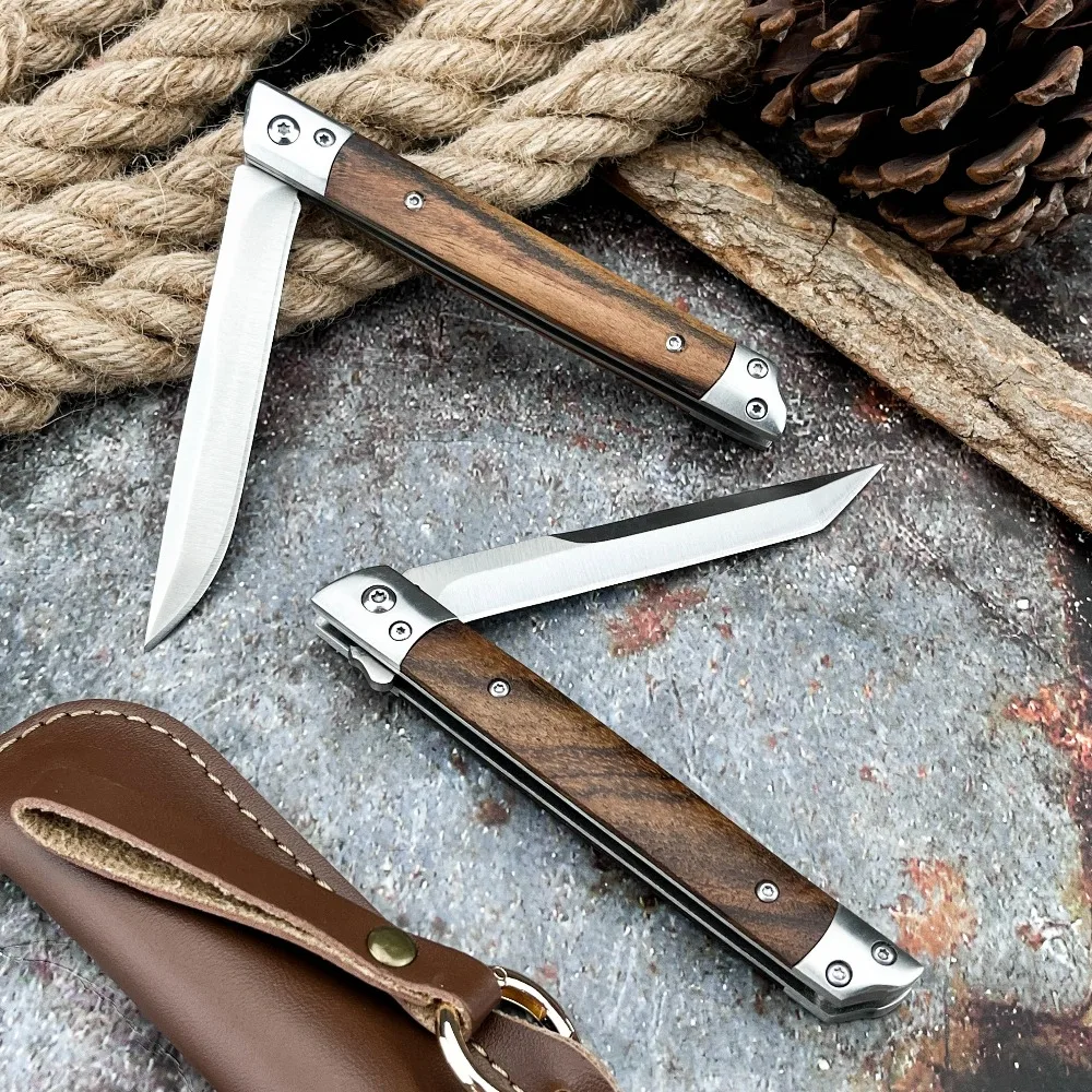 Outdoor Camping Folding Knife 5Cr13MoV Stainless Steel Blade Wood Handle EDC Pocket Knife with Leather Sheath