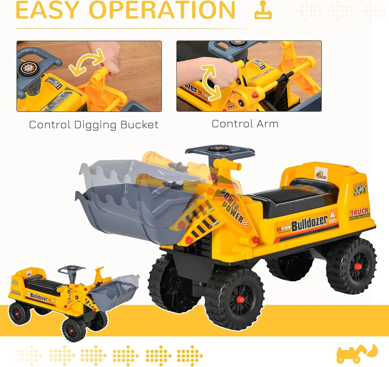Brinquedo infantil bulldozer para crianças pequenas com rodas resistentes, brinquedo de construção ao ar livre com balde de escavação controlável, amarelo