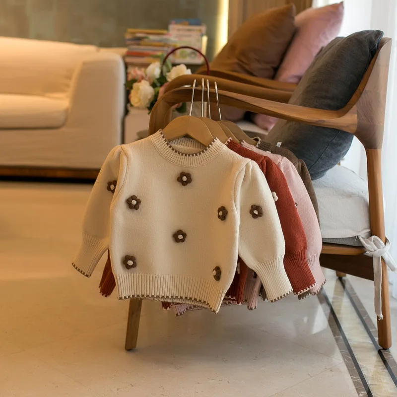 Spring Autumn Children's Sweater Girl Handmade Small Flower Decoration Pullover Sweater Winter Fashion Kids Outfit Girls Coat