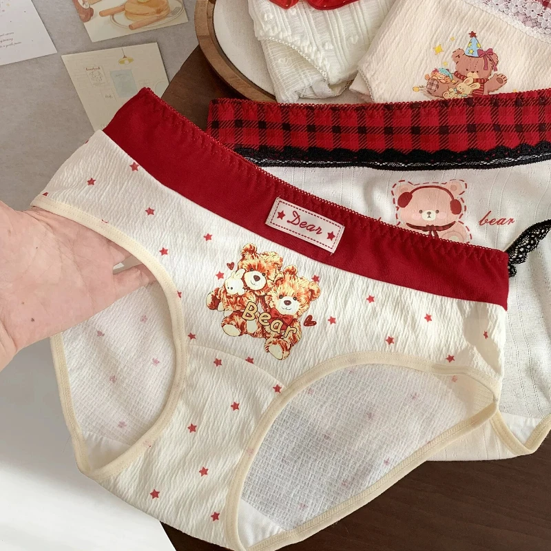 Beige Red Trim Star Bear Letter Womens Intimates Panties Underwear Cute Cotton Briefs 2026 New Arrival Soft Comfy Charming Fit