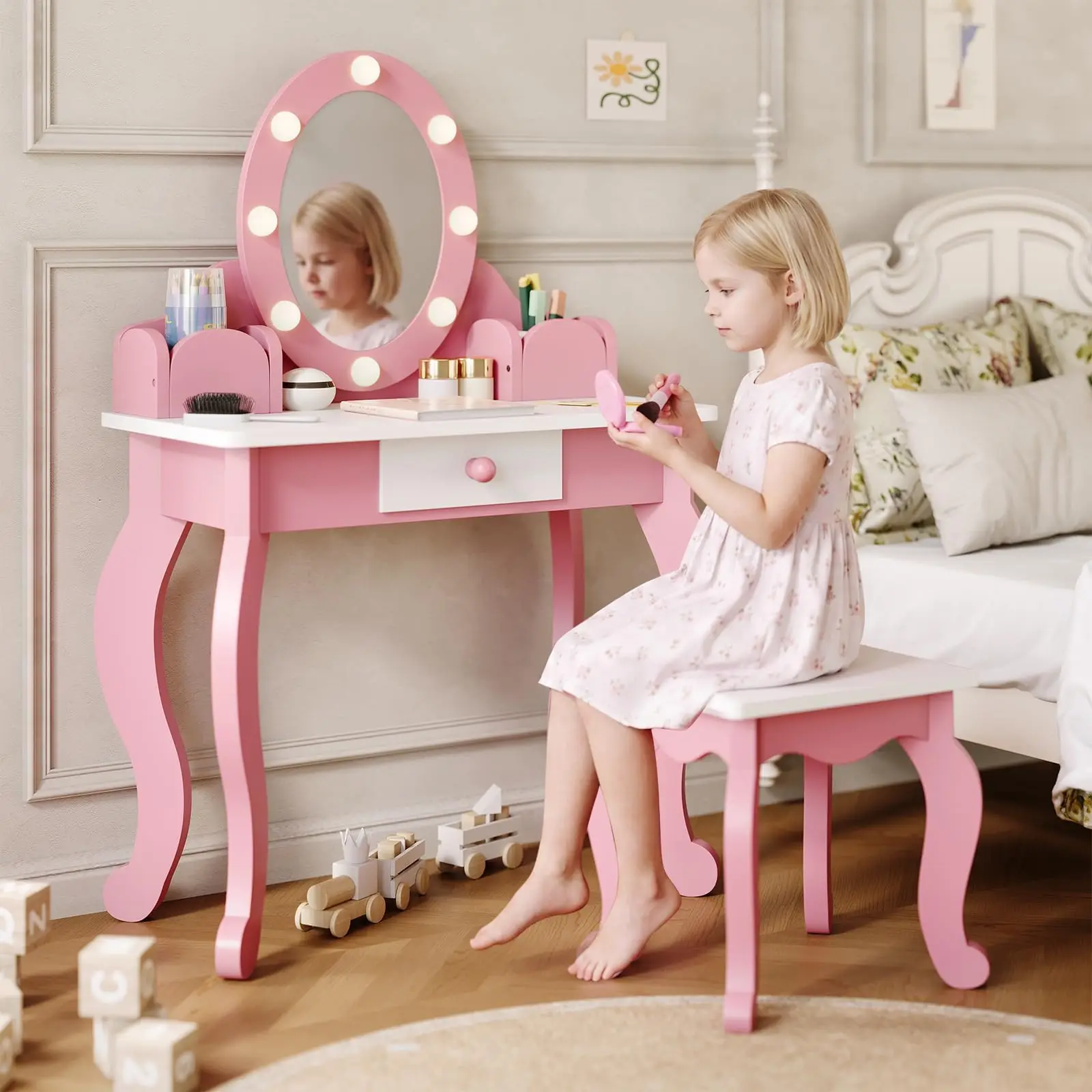 Kids Vanity Set With Lighted Mirror & Chair, 2-In-1 Wooden Toddler Makeup Table With Drawer, Jewelry Storage, Girls Vanity Desk