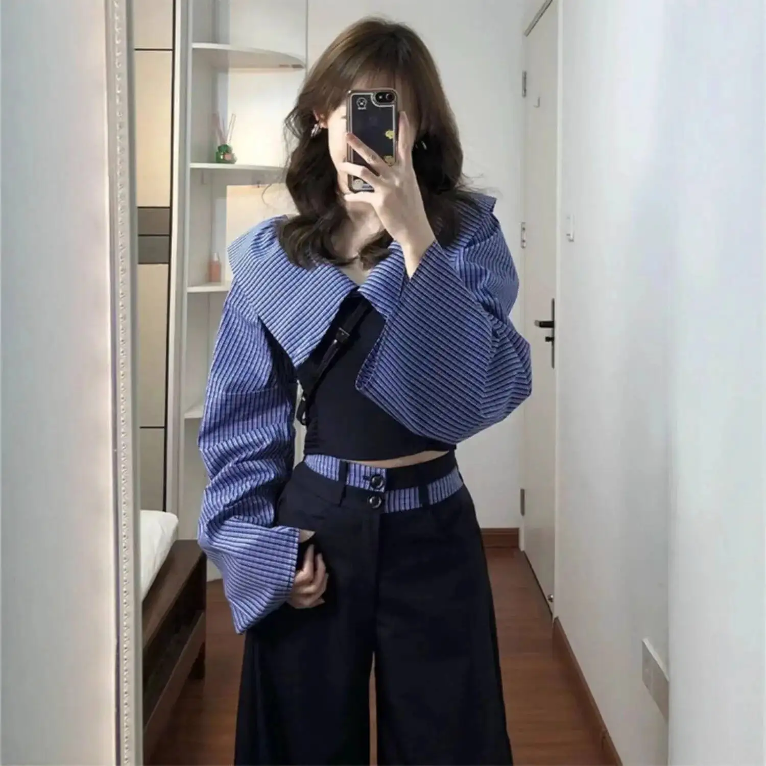 2026 봄 여성 투피스 세트 긴 소매 큰 칼라 셔츠 하이웨이스트 와이드 레그 팬츠 디자인 니치 시크 우아한 의상