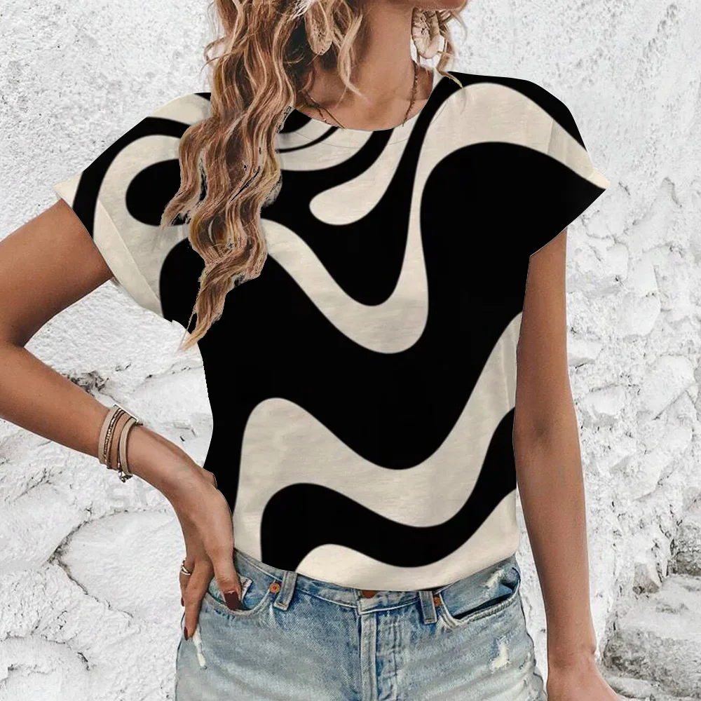 Short Sleeve Crew Neck Casual Elegant Top  Summer & Spring Women\'s Clothing T-Shirt FashionGeometric Lines Pattern Print T-Shirt