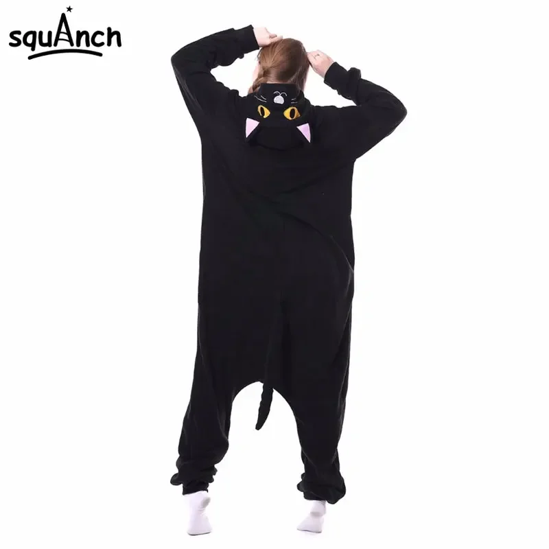 Dier Zwarte Kat Onesie Buik Kigurumis Volwassen Vrouwen Fantasie Een Stuk Jumpsuit Polar Fleece Losse Schattige Pyjama Winter Slaappak