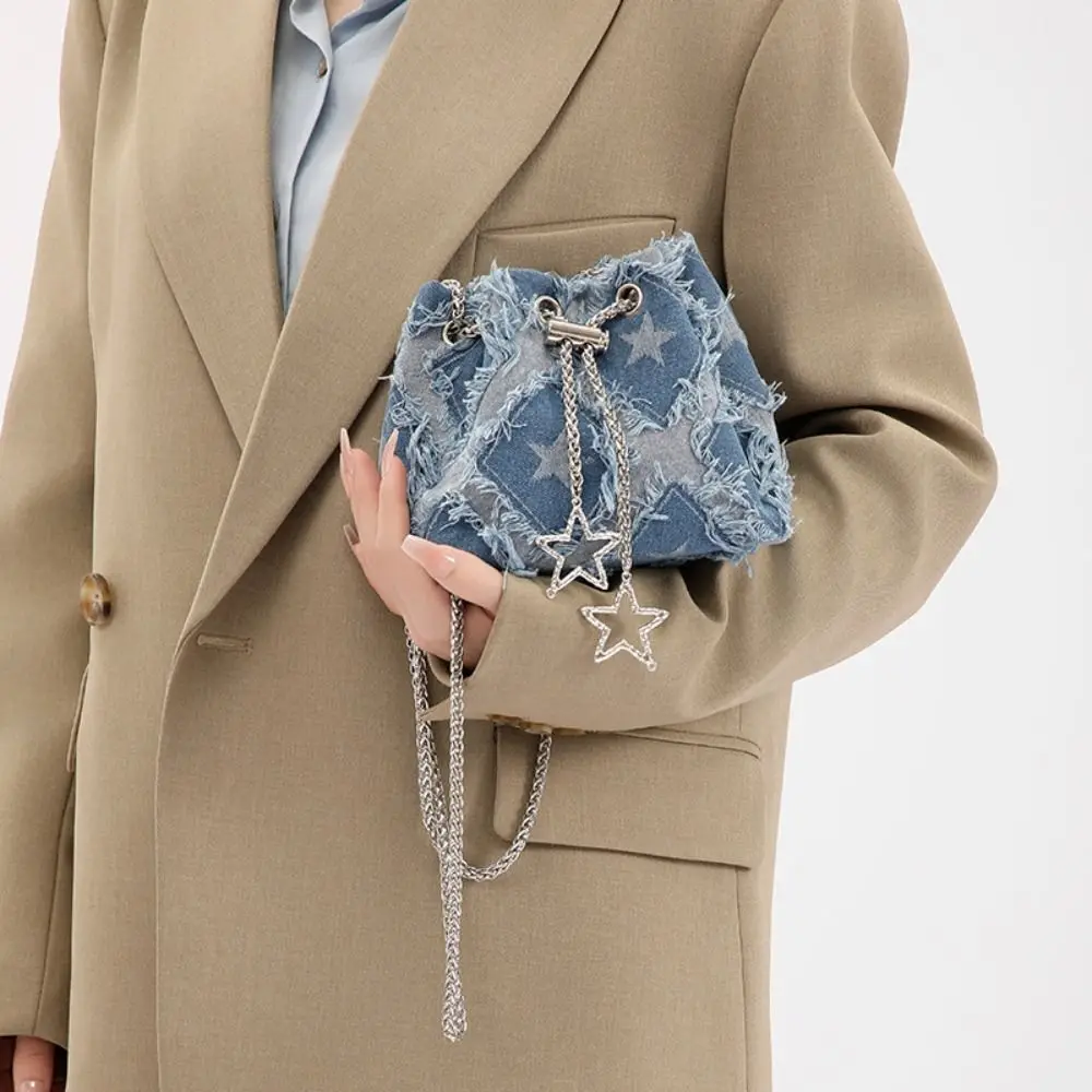 

Tassel Star Denim Bucket Bag Drawstring Rhinestone Metal Chain Crossbody Bag Handbag Korean Style Cloth Shoulder Bag Party