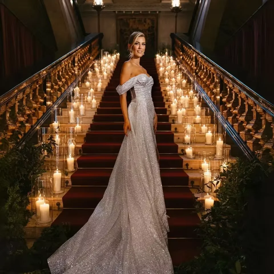 

Customized Off the Shoulder Prom dress Sparking Sequin A-LINE Floor-Length Wedding party dress Side Slit Formal Evening Gowns