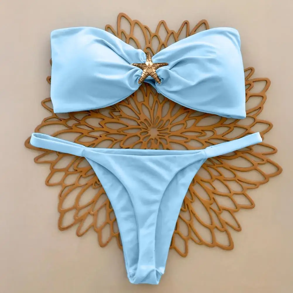 บิกินี่สายบางชุดบิกินี่เกาะอกมีสไตล์พร้อมการตกแต่งปลาดาวสปาวันหยุดสีทึบแนวราบว่ายน้ําสําหรับผู้หญิง