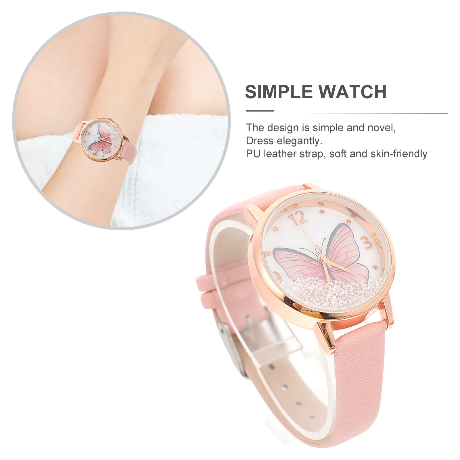 1Pcs Double Dial Watch for Butterflies Theme Quartz Movement Lightweight Alloy Stainless Steel Imitation Women