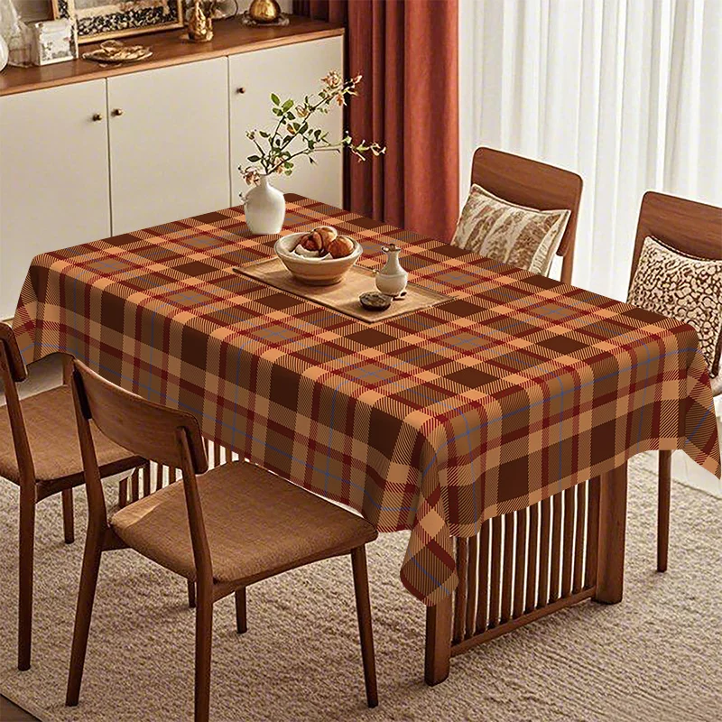 Warm brown checkered tablecloth creates a cozy dining atmosphere