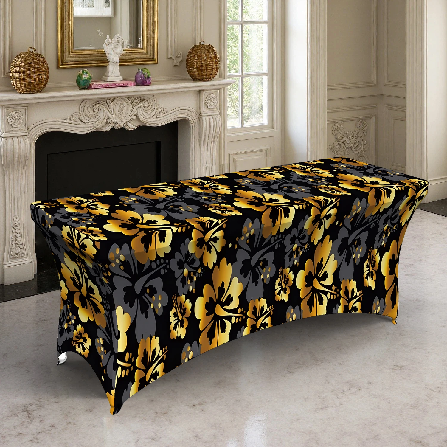 1PC Luxury Golden Hibiscus Floral Printed Elastic Tablecloth, 4/6/8FT Rectangular Stretchable Table Cover for S