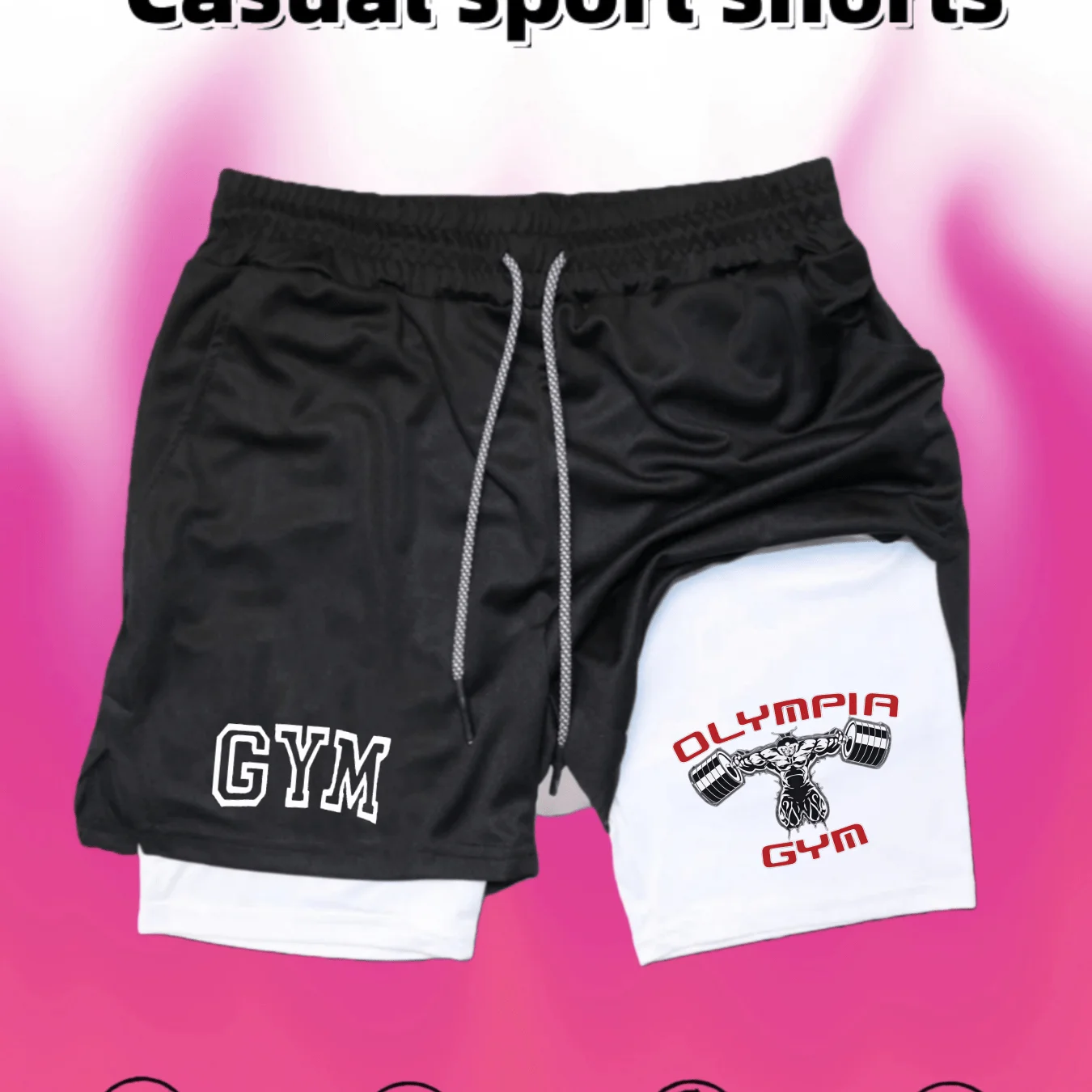 

New men's sports shorts, printed, breathable, quick-drying, sweat-free, double-layered, faux two-piece shorts