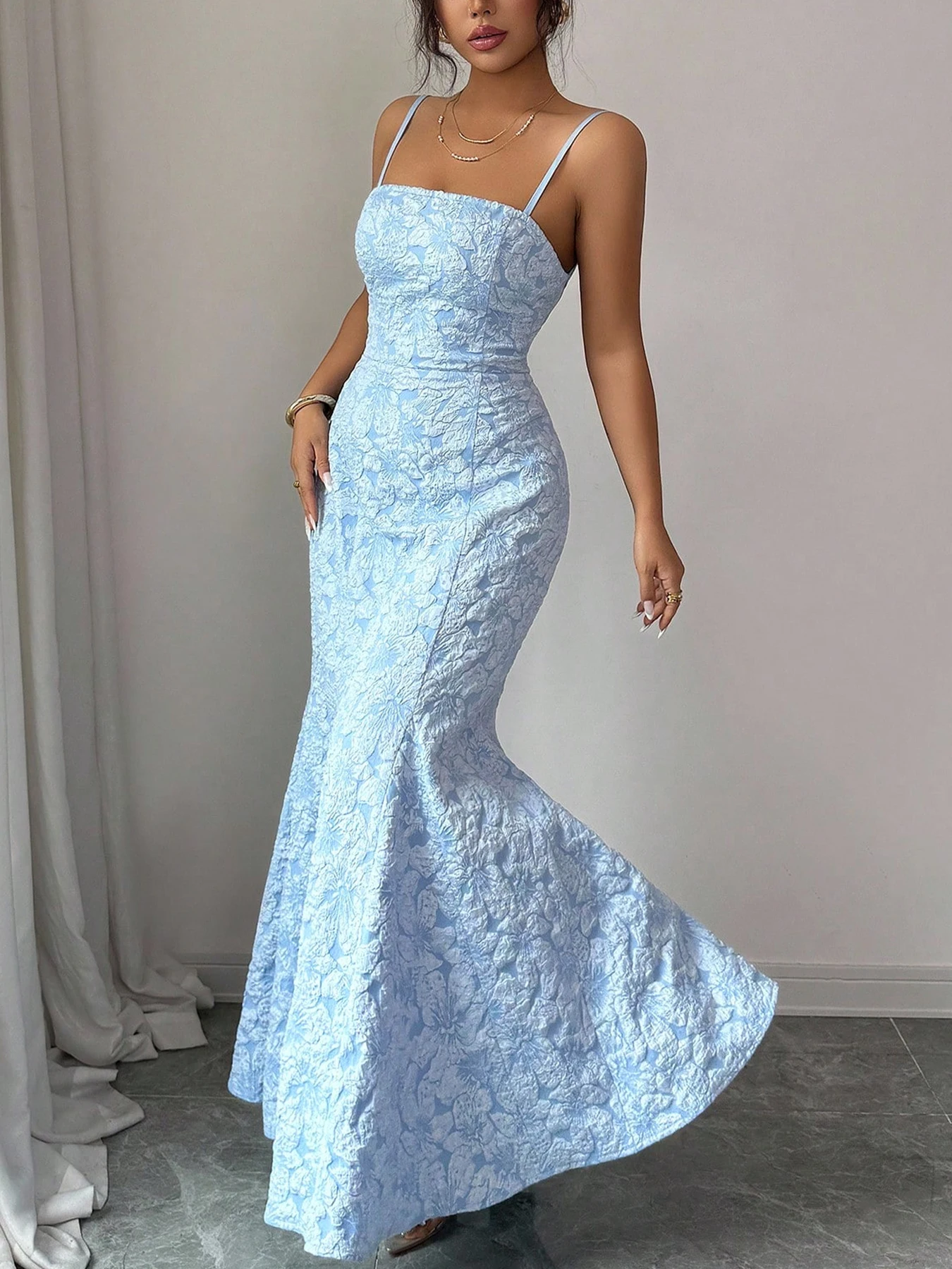 Women's Spring Summer Light Blue Spaghetti Strap Strapless Jacquard Mermaid Maxi Evening Party Dress