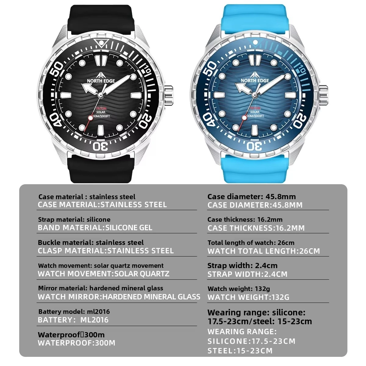 NORTH EDGE Men Solar Quartz Diving Watch Stainless Steel Waterproof Long Battery Life Wristwatch with Rotating Timing Bezel