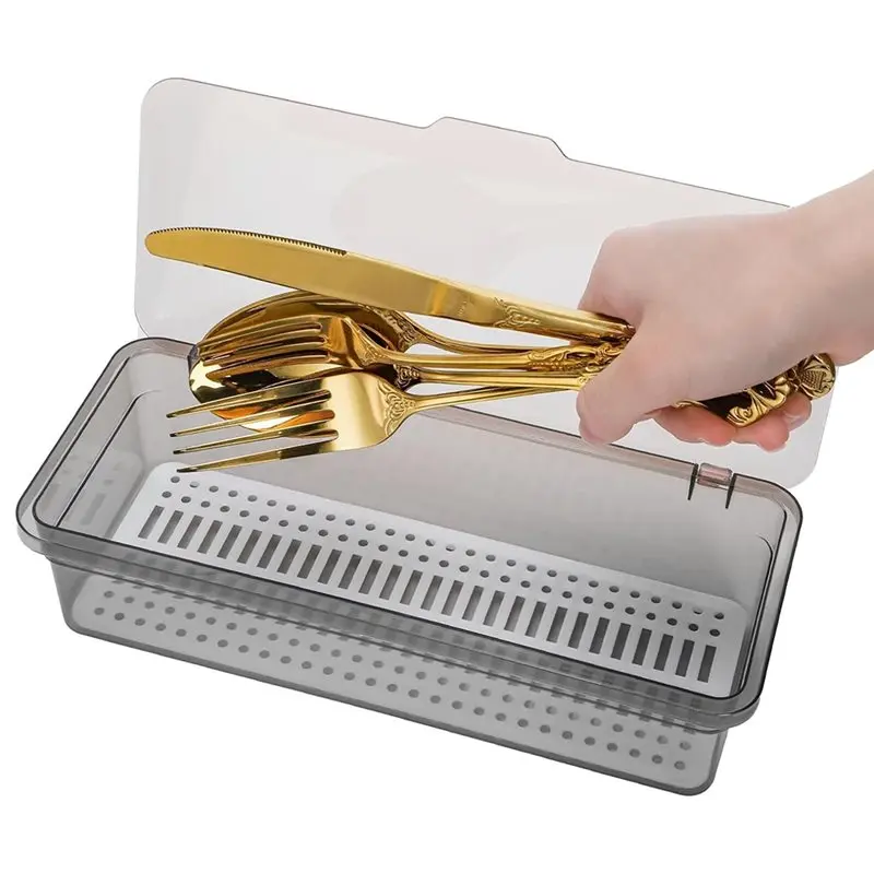 Hot Sale-Silverware Storage Box With 6 Pack Flatware Trays And Lid, Plastic Utensil Holder For Kitchen Counter, Drainer Included