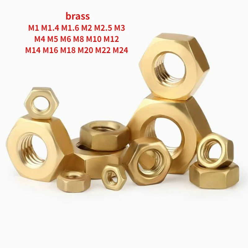 1-200 шт., шестигранная гайка M1 M1.4 M1.6 M2 M2 M2 2,5 M3 M4 M5 M6 M8 M10 M12 M14 M16 M18 M20 M22 M24 DIN934 из твердой латуни и меди