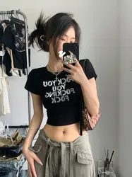 2000s Streetwear Harajuku maglietta a maniche corte Y2K Fashion Letter Print Cute Baby T Shirt Summer E-girl Black Crop Top Slim Fit