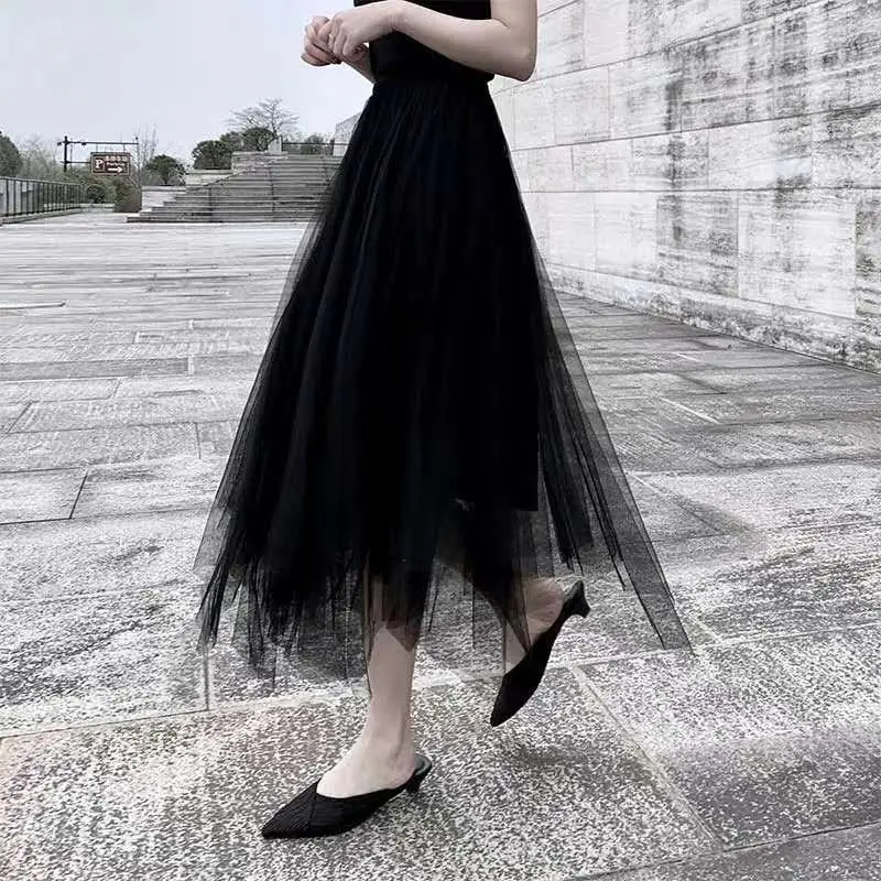 Women Asymmetrical Skirt Spring Autumn High Waist Ruffles Mesh Tutu Tulle Midi Skirt Black Midi Skirt Woman Tulle Skirts