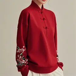 Chinese Style Women's 2024 New Spliced Stand Collar Button Embroidery Fashionable Solid Color Loose Casual Long Sleeved Tops