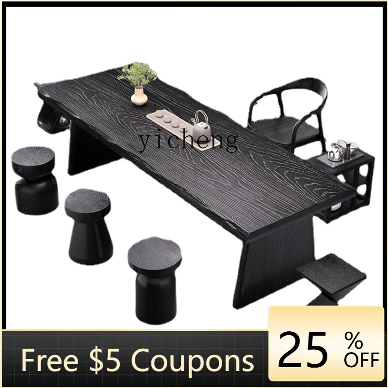 

ZZc Carbon Black Solid Wood Tea Table Living Room Home Modern Minimalist Office Tea Table and Chair Set