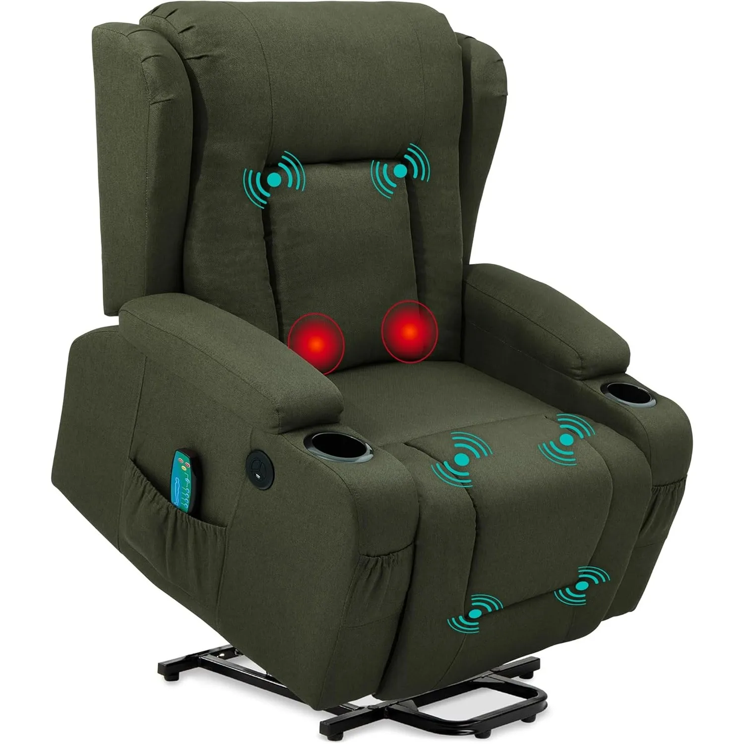 

Modern Linen Electric Power Lift Chair, Recliner Massage Chair, Adjustable Furniture for Back, USB Port, Heat, Cupholders, Olive