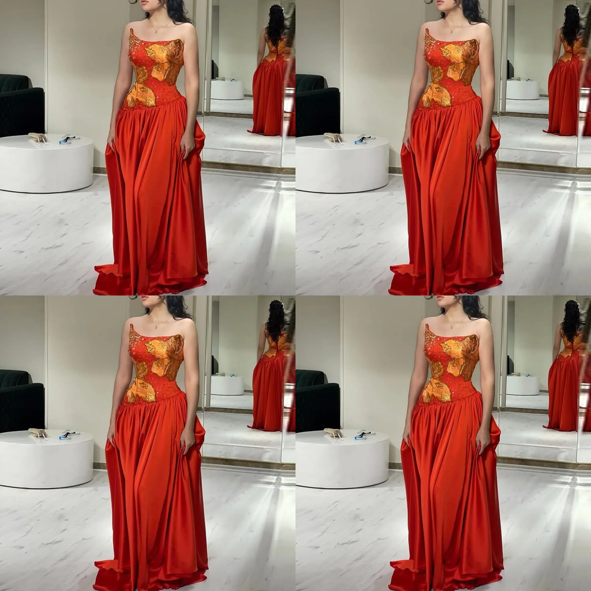 

Luxury Strapless Satin Beaded Sparkly Floral Saudi Arab Dress A-line Backless Floor Length Evening Gown with Train Customized