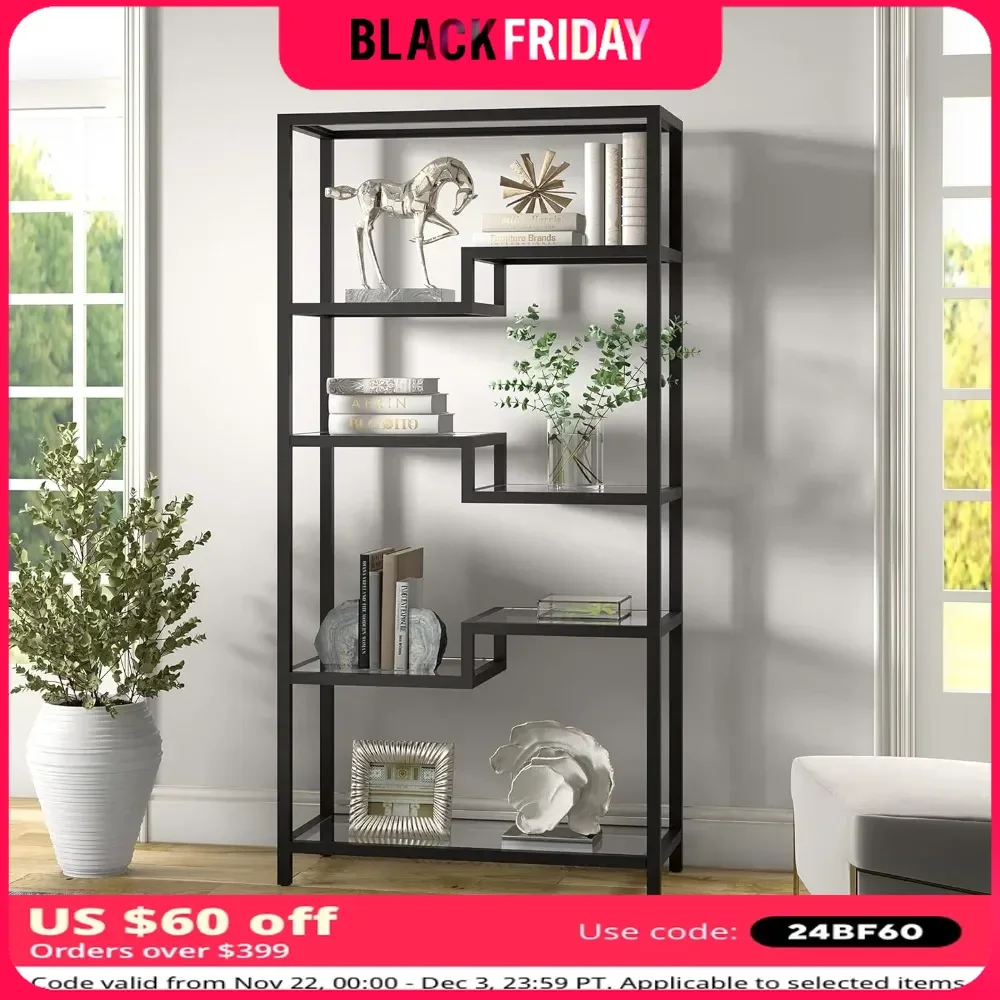 Tall Rectangular Bookcase in Blackened Bronze, for Home Office, Living Room, Bookcases