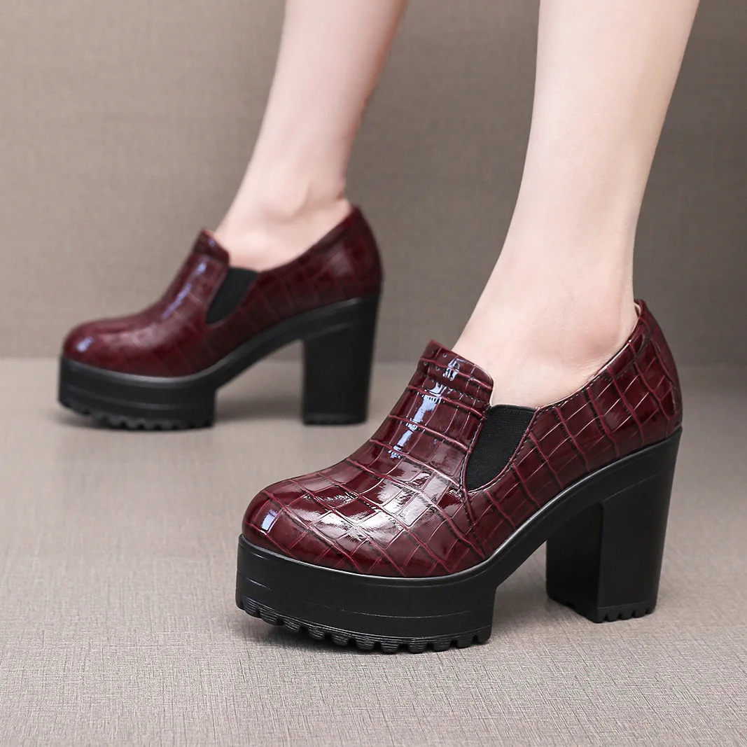 

10cm Small Size 33-43 Bright Leather Shoes Deep Mouth with Fur Fall Spring 2026 Women's Block High Heel Shoes Office Model Dress