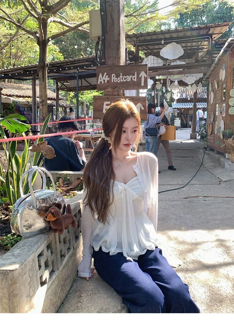 

Spring Autumn New Long Sleeve White Cardigan Coat Women+ Sexy Slim Fit Strapless Camisole Vest 2025 New Two Piece Sets