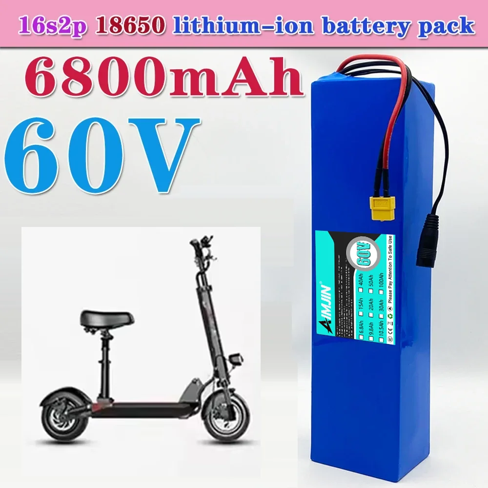 Batterie Lithium-Ion améliorée 2026, 60V, 6.8ah, 18650, Pour vélo électrique/Scooter, 16S2P, 6800mAh, Haute capacité Avec BMS