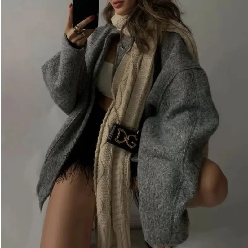 Women's Fashion Jacket Office Lady New Arrival Trendy Comfortable Breathable Oversized Grey Tweed Coat Single Breasted Loose Str