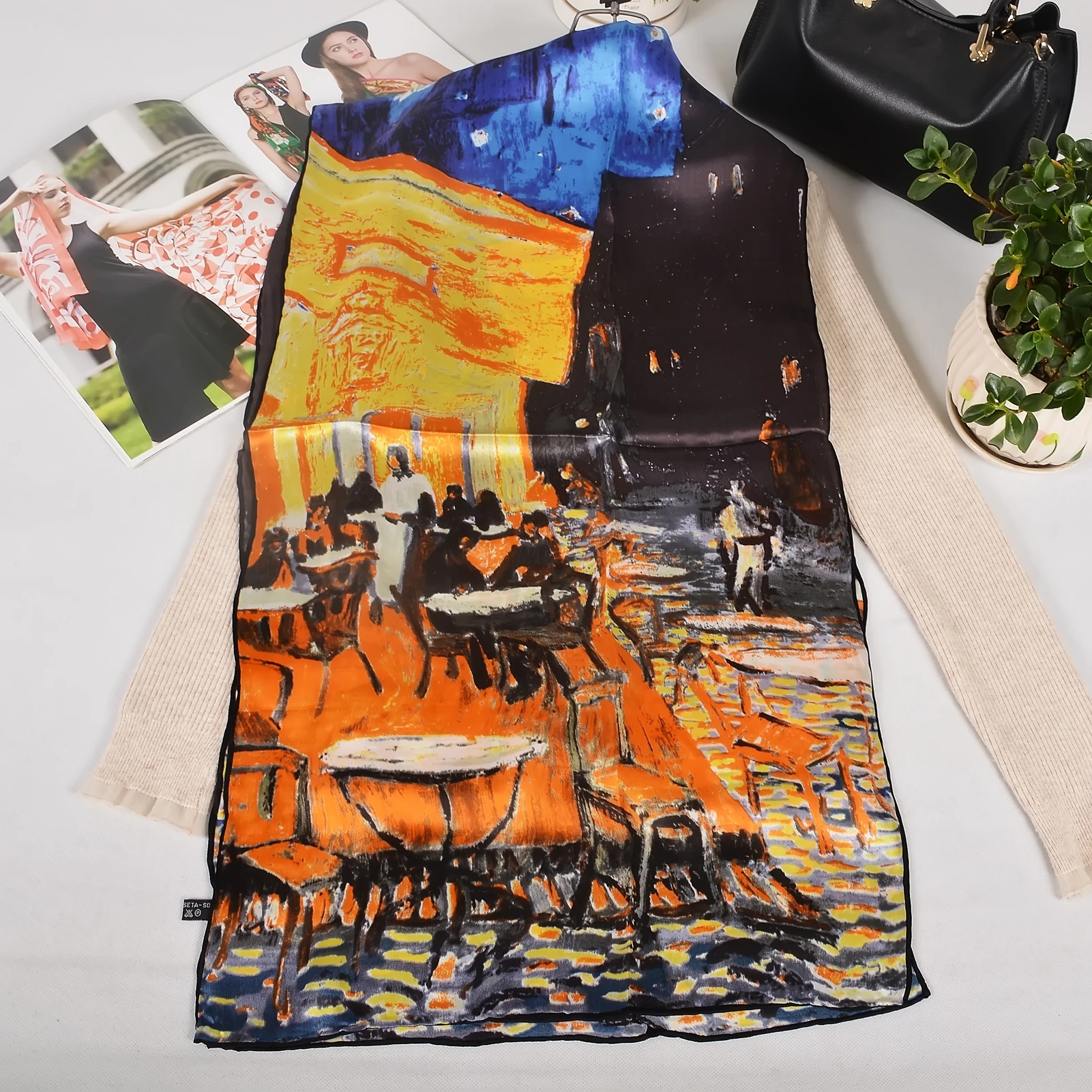 BYSIFA| Coffee Yellow 100% Silk Scarves for Women Fall Winter Coffee House Pattern Neck Long Scarf Headscarf for Hair Wraps